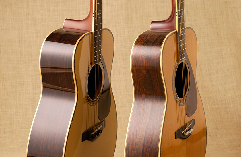 Left: A modern instrument; Right: An acoustic guitar from over 40 years ago