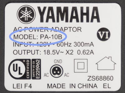 close up view of Yamaha PA-10B AC Power Adapter focusing on model number