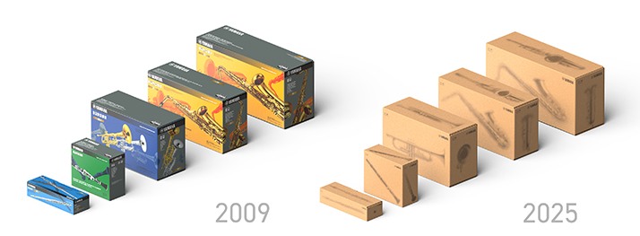 Side-by-side comparison of the new and previous designs of the wind instrument packaging box