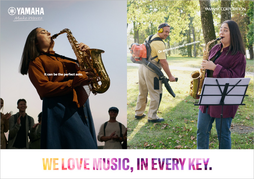 [Image] WE LOVE MUSIC, IN EVERY KEY. Graphic Advertisement Saxophone Version
