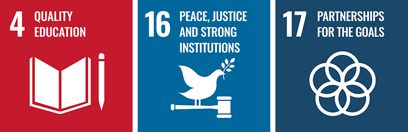 SDGs（Sustainable Development Goals）17 Goals：4.QUALITY EDUCATION / 16.PEACE,JUSTICE AND STRONG INSTITUTIONS / 17.PARTNERSHIPS FOR THE GOALS