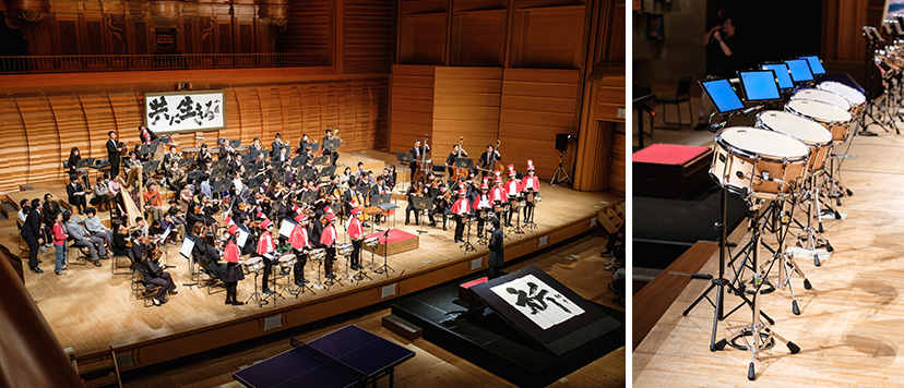 [ image ] Photo (left): Students of Special Needs Education School for the Deaf, University of Tsukuba played with the Orchestra. (right): Concert snare drum and performance support system. Photo: Taira Tairadate, Tokyo University of the Arts