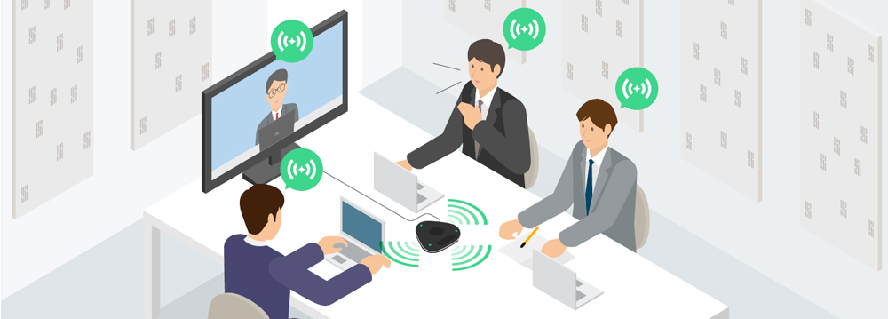 [ picture ] A unified communication speakerphone and acoustic conditioning panels make conversation easy in remote conference