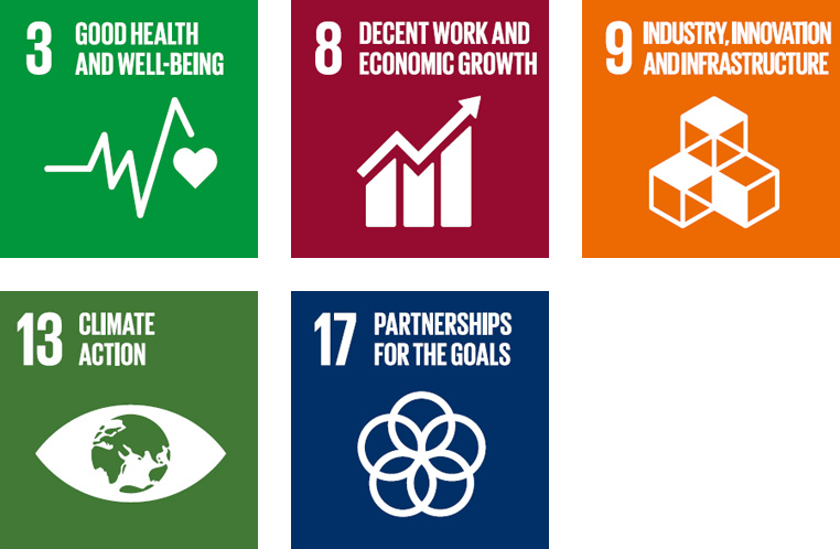 [icon] 3. GOOD HEALTH AND WELL-BEING, 8. DECENT WORK AND ECONOMIC GROWTH, 9. INDUSTRY, INNOVATION AND INFRASTRUCTURE, 13. CLIMATE ACTION, 17. PARTNERSHIPS FOR THE GOALS