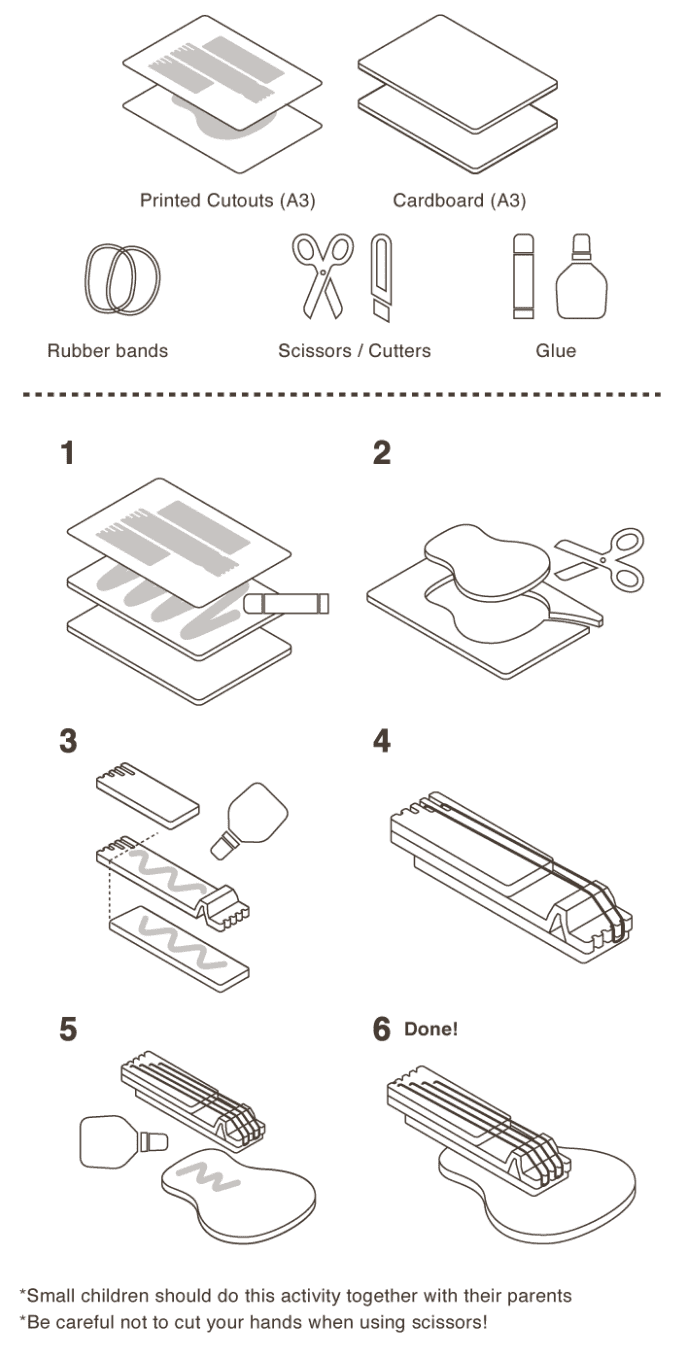 [ What you need ] Pattern Paper(A3), Cardboard(A3), Rubber bands, Scissors / Cutters, Glue