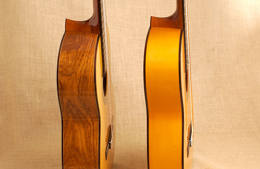 The body of a flamenco guitar (right) is thinner than that of a classical guitar (left)