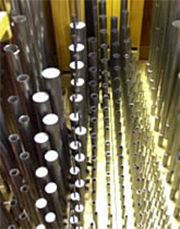 Pipes are tightly packed inside the organ