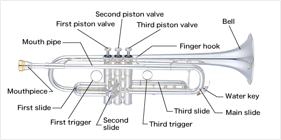 Names of the parts of the piston-system trumpet