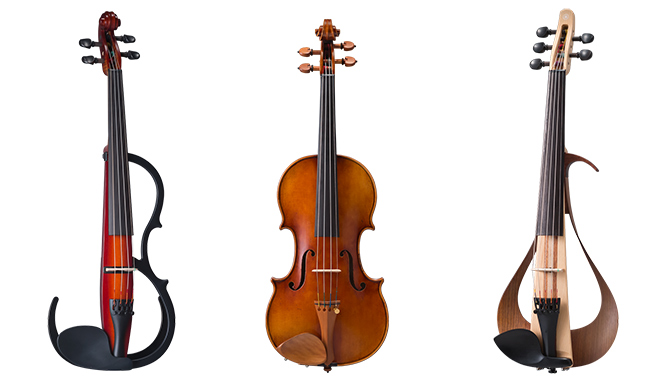 [ Image ] From left, Silent Violin™, Traditional violin, and Electric violin