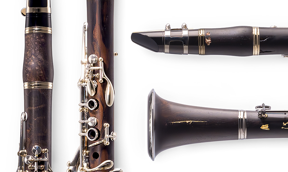 [ Image ] "Designed by Nature Clarinets" From left "FUMOKU," "SHIRATA," upper right "IRIKAWA," lower right "KINTSUGI"
