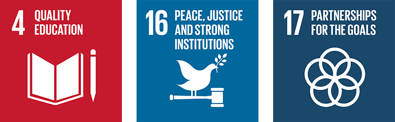 [ icon ] 4 QUALITY EDUCATION / 16 PEACE, JUSTICE AND STRONG INSTITUTIONS / 17 PARTNERSHIPS FOR THE GOALS