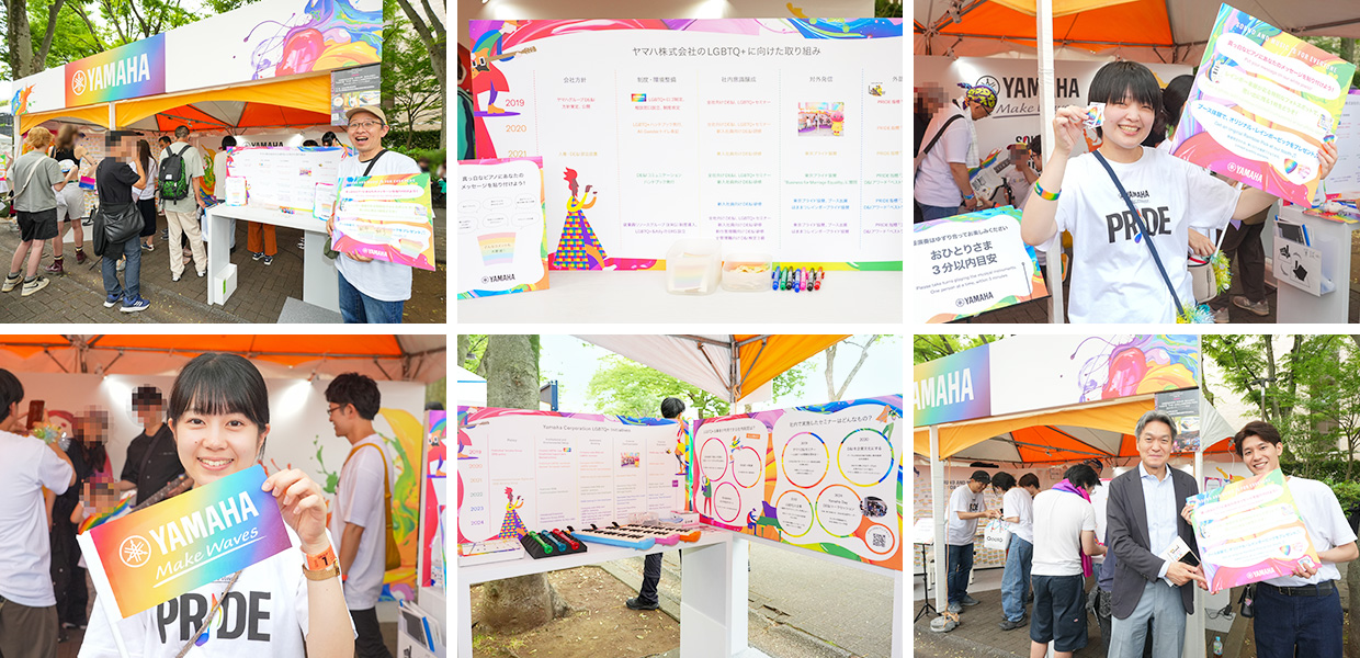 [Photo] Employee volunteers at the Yamaha booth and displays outlining Yamaha’s LGBTQ+ initiatives