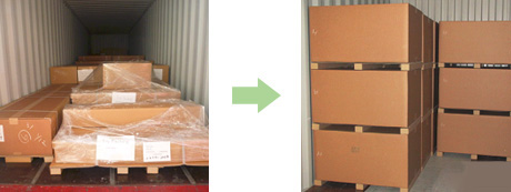 [Photo] Loading container with pre-standardization packing boxes (left) and loading container with standardized packing boxes (right)