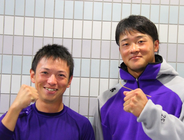 [ 画像 ] 鈴木光選手(左)：調子が上がってきたので、これを維持して優勝に向けて貢献します！　　前野選手(右)：ここまできたら、優勝目指してヤマハ野球を見せつけます！