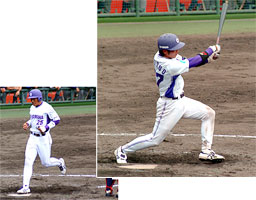 [ 画像 ] 5回表、二死2塁から松尾選手が左中間に2塁打を放ち、小粥選手をホームに迎え入れた。