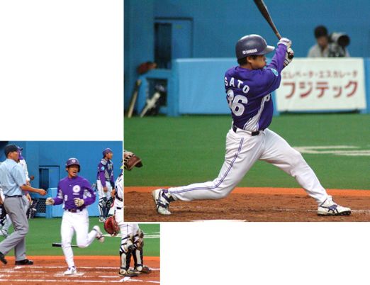 [ 画像 ] １回裏、ランナー１、２塁のチャンスに２塁打を放ち２点先取した佐藤選手。