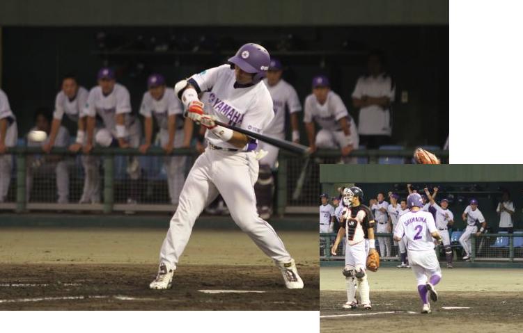 [ 画像 ] ３回に柳選手の３塁打で嶋岡選手が同点のホームイン。