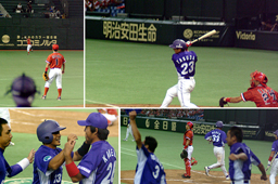 [ 画像 ] 8回表2アウト満塁<br>・走者一掃の2塁打を放った安田選手。（右上）<br>・守備の東芝センターの頭上を大きく越えていく打球。（左上）<br>・次々にホームへ駆け込む選手にナインは総立ちで喜び合う。（右下）<br>・抱き合って祝福する金子選手と、労をねぎらう鈴木理男選手。（左下）