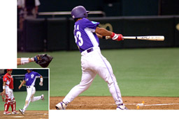 [ 画像 ] 4回表ランナーセカンドにおいてレフト線への2塁打を放ちヤマハの最初の得点を叩き出した安田選手。