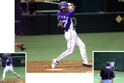 [ 画像 ] 5回裏ランナーセカンドにおいて、センター・ライト間を深々と破る2塁打を放ち、この試合唯一の得点を叩き出した松尾選手。