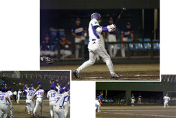 [ 画像 ] 5対5の延長11回裏ツーアウト・ランナー2塁。センター前へクリーンヒットを放ち、サヨナラゲームとした鈴木理男選手。必死にサヨナラのホームを目指す薄井選手。ラストランナーがホームへ滑り込む前に総立ちでホームベースへ向かうナイン達。