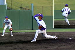 [ 画像 ] 7回3分の1からランナーを背負ってのリリーフに、 1失点ながら延長の11回まで好投した鈴木裕司投手。