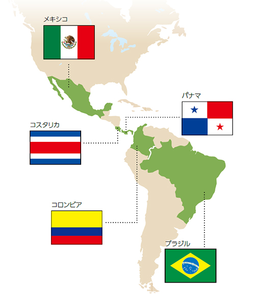 ［ 図 ］AMIGO Projectの展開国：メキシコ、コスタリカ、パナマ、コロンビア、ブラジル