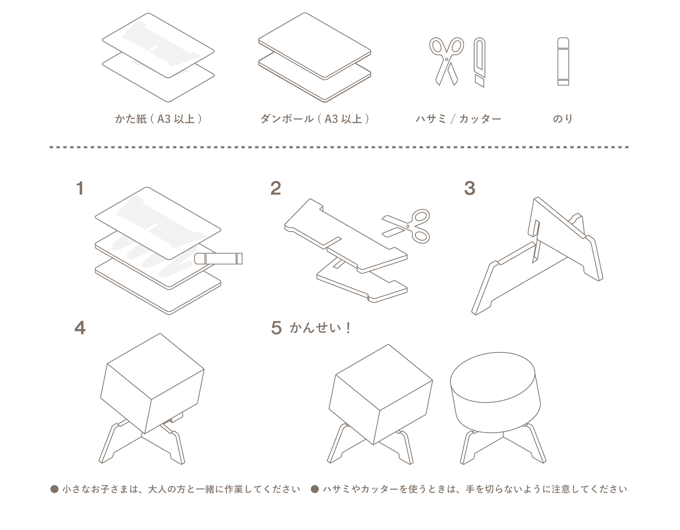 【つかうもの】型紙（A3）、段ボール（A3）、ハサミ／カッター、のり、ボンド