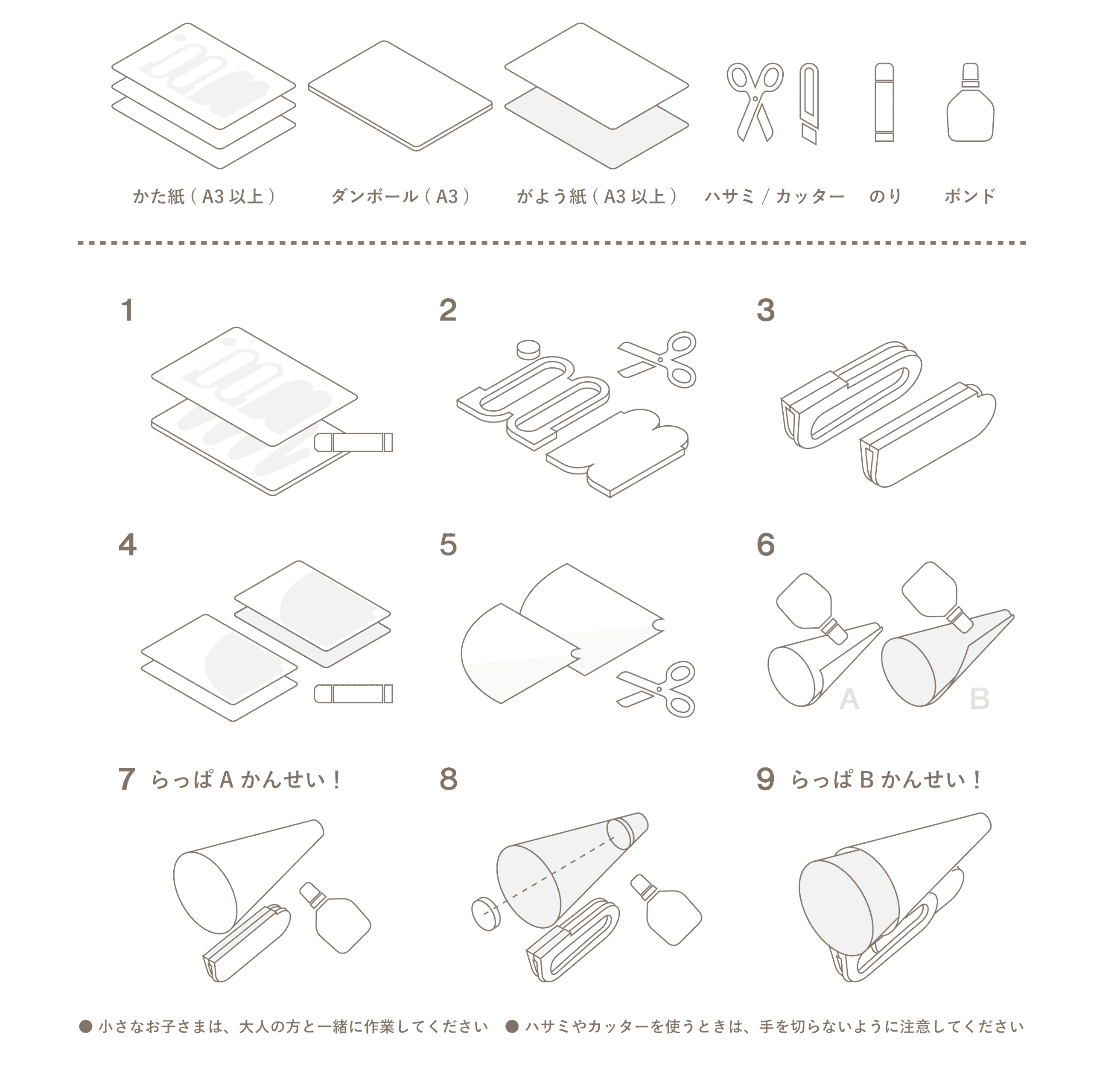【つかうもの】型紙（A3）、段ボール（A3）、画用紙（A3以上）、ハサミ／カッター、のり、ボンド