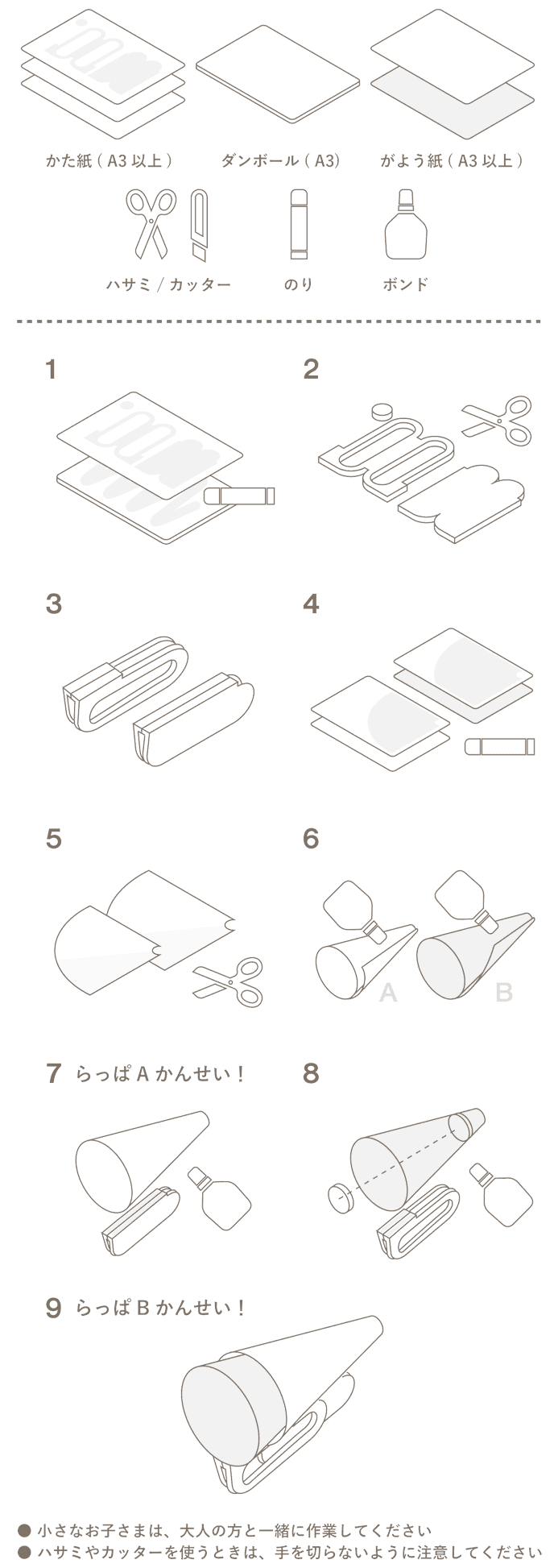【つかうもの】型紙（A3）、段ボール（A3）、画用紙（A3以上）、ハサミ／カッター、のり、ボンド