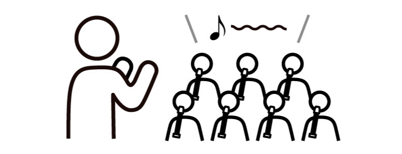 [画像] 先生役をする児童と、その児童の合図に合わせてリコーダーを演奏する児童たち