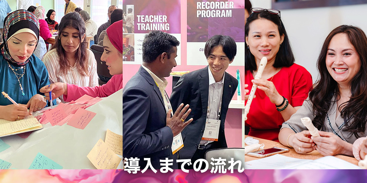 [メインビジュアル] 授業の実施に向けて研修を受ける教員たちと、インドで行われた教育関係のイベントで社外関係者と話をするヤマハ社員