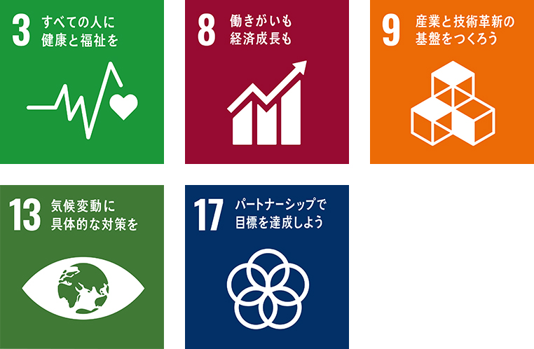［ アイコン ］3 すべての人に健康と福祉を、8 働きがいも経済成長も、9 産業と技術革新の基盤をつくろう、13 気候変動に具体的な対策を、17 パートナーシップで目標を達成しよう
