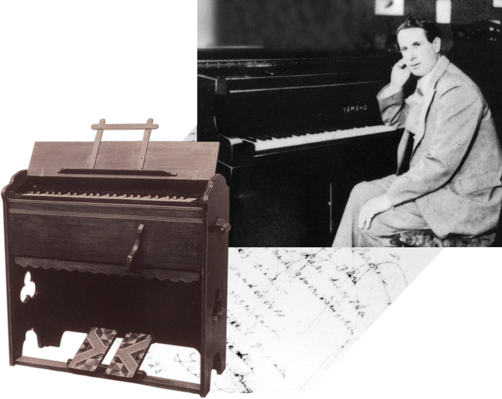 photo of Leo Sirota with Yamaha grand piano and a picture of the first organ