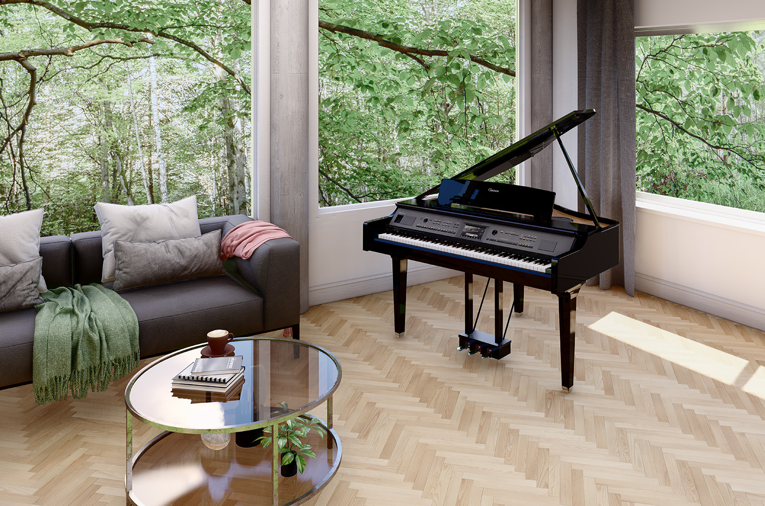 CVP-809GP piano in a cozy living room with branches of trees on the background 