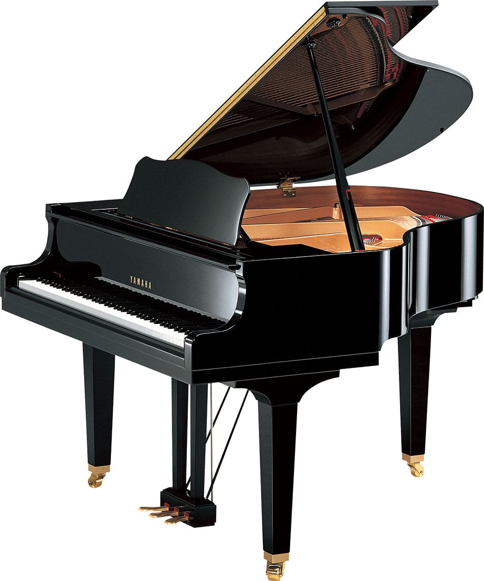 Yamaha baby grand piano with lid open viewed from right side.