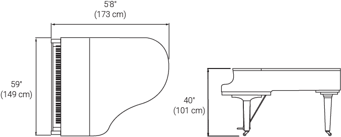 Line drawings portraying dimensions of piano in height, width and length.