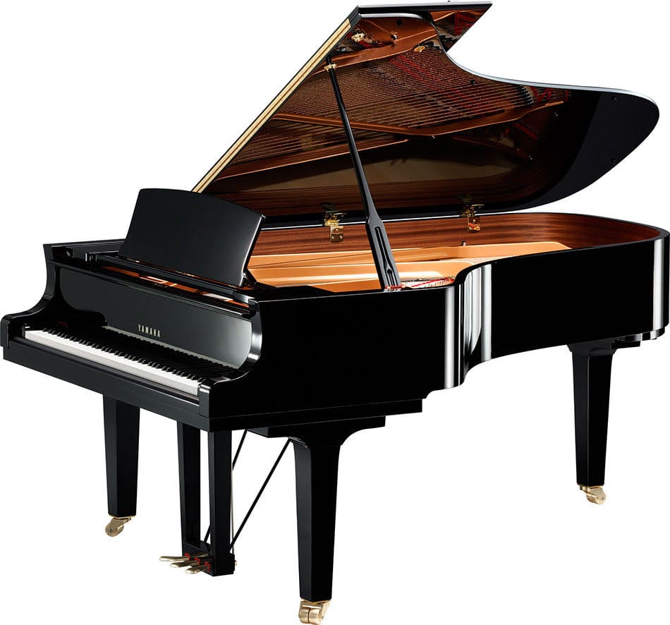 Yamaha baby grand piano with lid open viewed from right side.