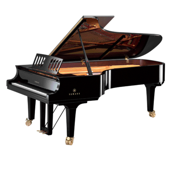 Yamaha grand piano with lid open viewed from right side.