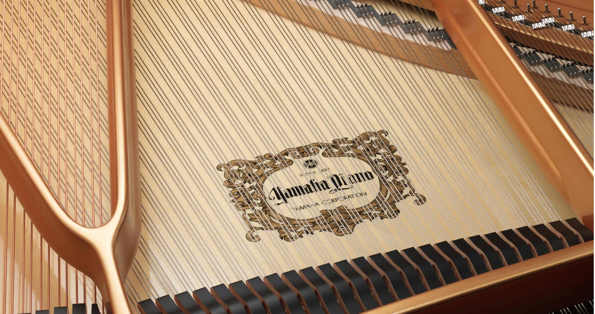 a photo close-up view inside Yamaha grand piano 