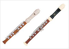 Soprano recorder and alto recorder made to be played with the left hand. Right-handed models are also available